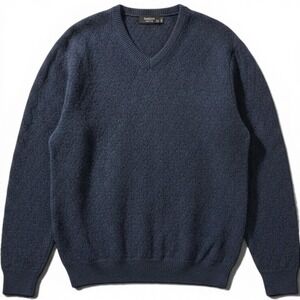 Toscano Sweater Mens XL Blue V-Neck Diamond Textured Knit Wool Blend Made Italy